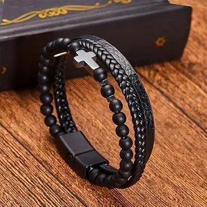 Men's Multilayer Braided Black Onyx Leather Cross Stainless Steel Magnetic Bracelet Magnetic Buckle Bangle Wristband Cuff
