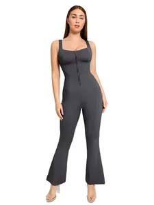 Popilush Shapewear Denim Jumpsuit for Women, Square Neck Sleeveless Tank Top Flare Leg Romper, Comfortable Stretchy Fabric Minimalist Casual Wear--live