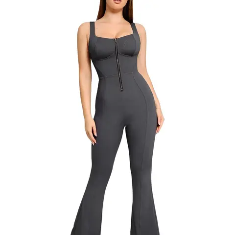 Popilush Women's Shapewear Denim Jumpsuit, Square Neck Sleeveless Tank Top Romper, Wide Leg Flare Jumpsuits & Rompers, Stretchy Comfortable Minimalist Casual Wear