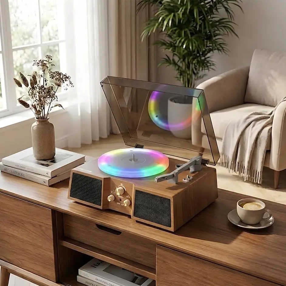 Myvision All-In-1 Belt-Driven Record Player - 3-Speed Portable Turntable for Music Vinyl, FM Radio, High-Power Stereo RGB Speaker, Bluetooth, RCA Line Out, AUX In, Headphone Jack, 33-1/3/45/78 RPM, 7/10/12-Inch Record Support, Retro Wireless Gift