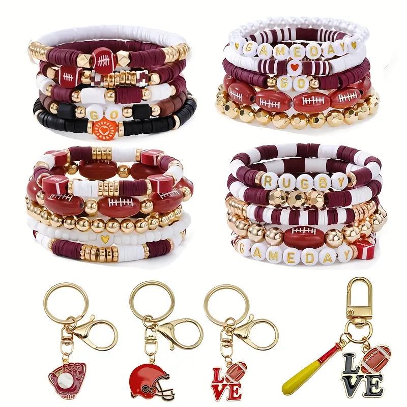 24pcs Sports Themed Multi-Layer Elastic Bracelet & Keychain Set For Men Women Party, Sporty Football Element Design, Beaded Stretch Wristband Jewelry,summerwins