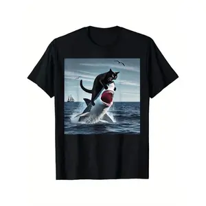 [100% Cotton] Cat Biting Shark Graphic Tee Relaxed Fit 100 Cotton Short Sleeve Casual Comfortable All Season Apparel Comic Style Heat Transfer Print Golf Gift T-Shirt For Men And Women  Golf Gift T-Shirt For Men and Women