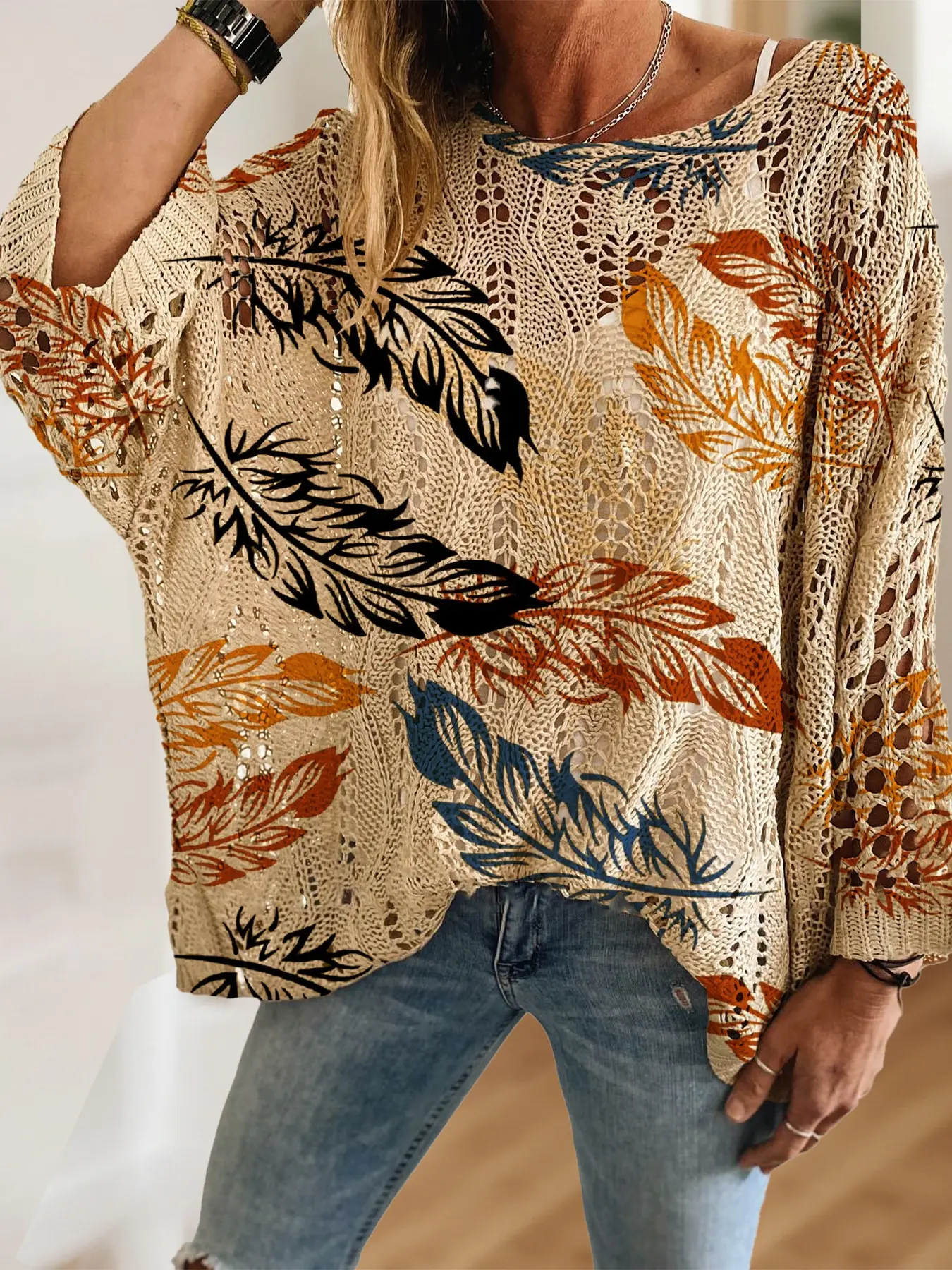 Women's Bohemian Colorful Feather Print Knit Top, Casual Elegant Vacation Style, Comfortable Breathable Loose Fit, Spring Summer Fall Fashion