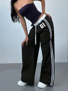 Women’s black wide-leg athletic sweatpants with contrasting white waistband, side stripes, number print, drawstring, high waist, loose fit, Y2K street casual long pants summerwins