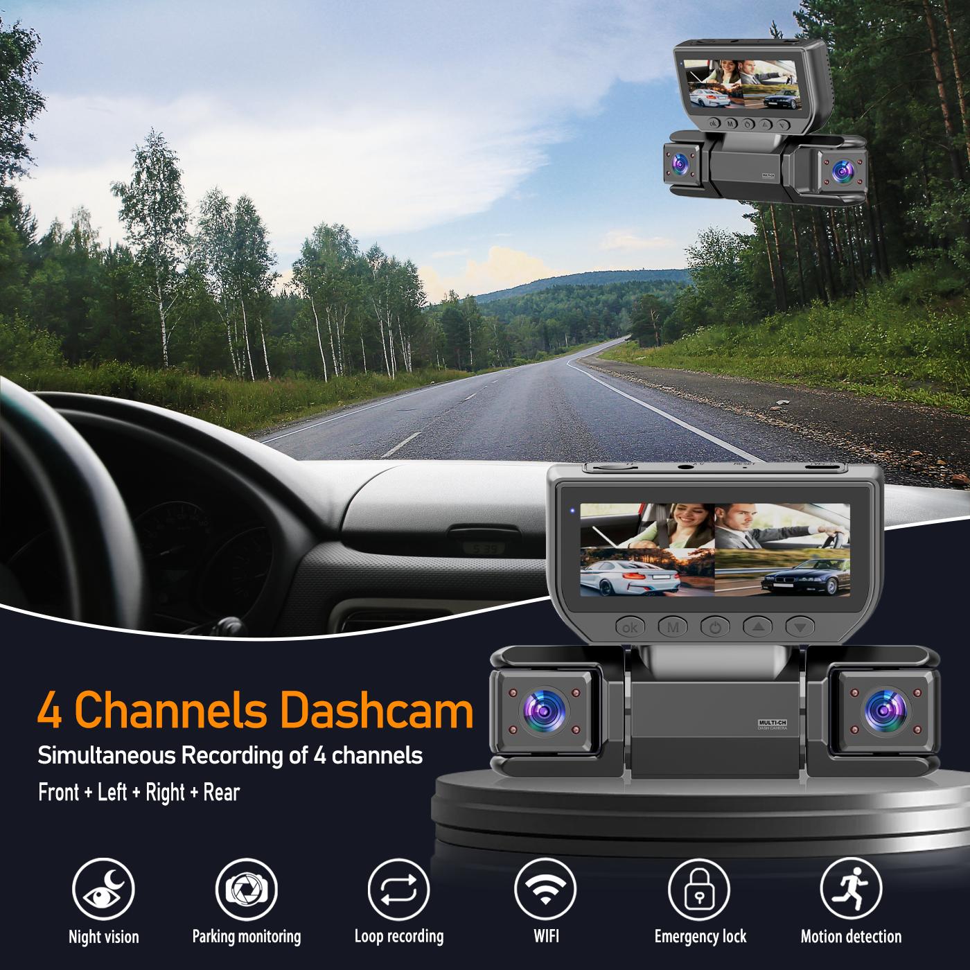 BCUOZ 360 Degree View 4 Channel Dash Cam Front and Rear Inside Left Right, Dash Camera for Cars, Built-in GPS WiFi Night Vision, 24/7 Recording Parking Mode Monitor, Free 64G Card Automotive Dashcam Interior Dashcam