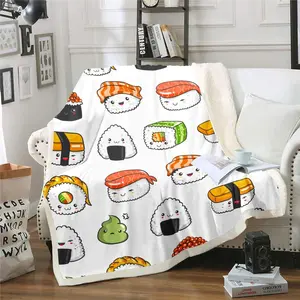 Sushi Pattern Japanese-Style Fleece Blanket for Bed Couch Sofa,Kawaii Food Theme Throw Blanket,Cute Japanese Sushi Room Accessory Plush Blanket