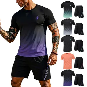 Men's 3PCS Workout Set, Quick Dry Athletic T-Shirt and Shorts, Moisture Wicking Gym Running Training Activewear Outfits, Breathable Gradient Sports Suit for Men