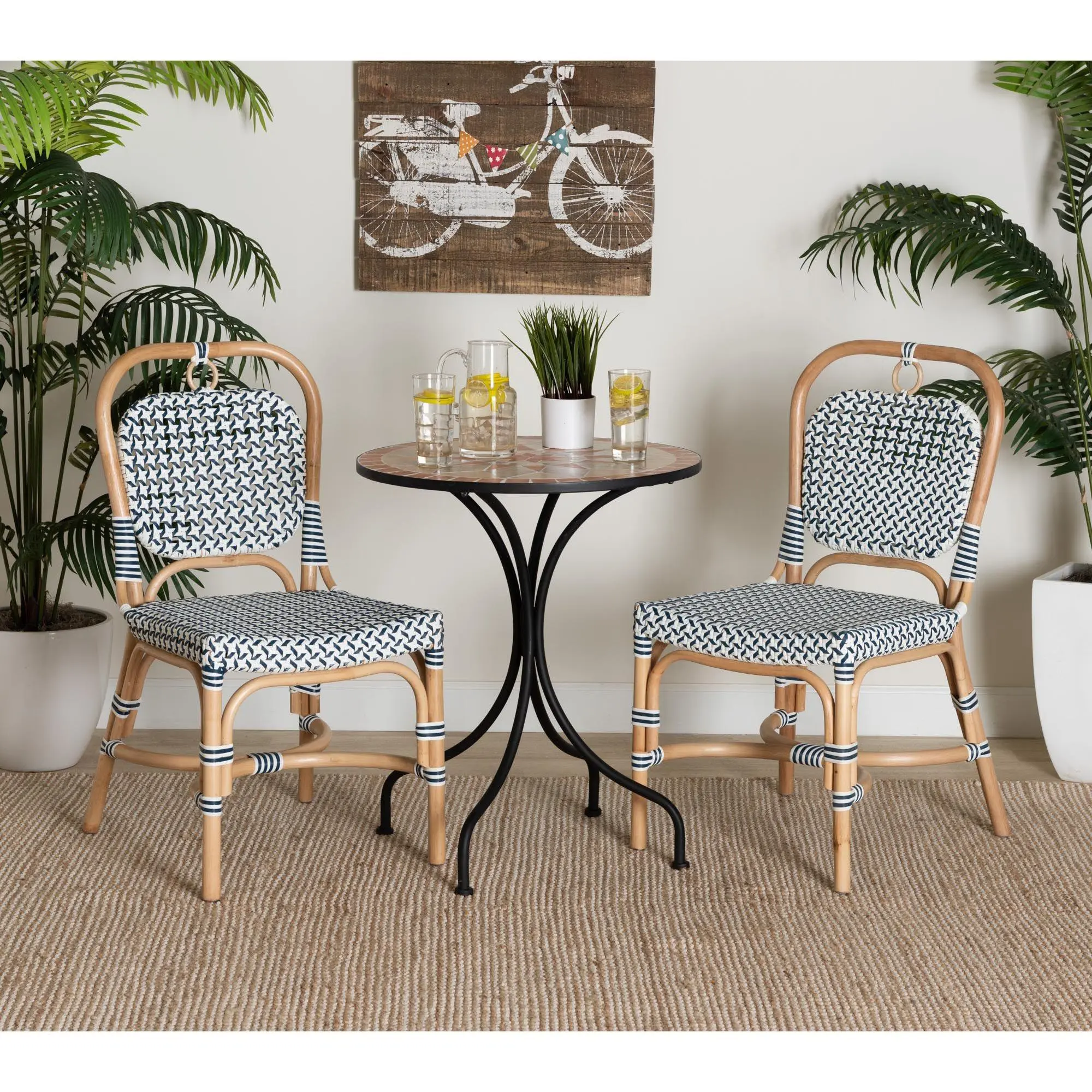bali & pari Luciana Blue and White Natural Rattan Bistro Chair