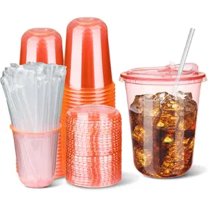 50 Sets 12oz Clear Disposable PET Individual Cups with Lids, U-Shaped Grip Straws for Iced Coffee, Cold Drinks, Party Use (Pink)