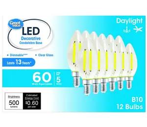 Great Value LED Light Bulbs – 4W (60W Equivalent), B10 Deco Lamp, E12 Base, Dimmable Daylight (12-Pack)