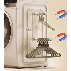 Extendable Magnetic Hanger Organizer, Stackable Hanger Storage Rack for Laundry Room Closet Washing Machine, Space-Saving Hanger Stand for Velvet Hangers, Adjustable Holder for Adult Kids (White) Hanging Metal Smooth Installation