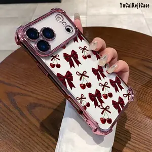 Compatible with Phone Case iPhone 17 Pro Max 16 15 Plus Air 14 13 12 11 E Cherry Bows Pattern Transparent Full Coverage Four Corners Anti-drop Casing