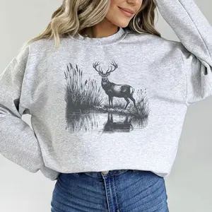 Deer Hunting Vintage Deer Unisex Sweatshirt, Nature Camping Wildlife, Deer at Lake, Retro Cotton