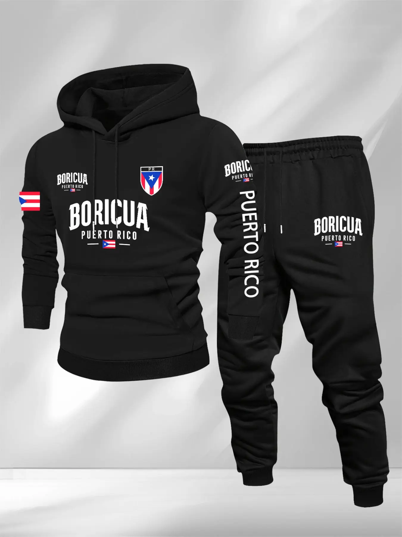 Men's Hoodie Sweatshirt Long Sleeve Set 2-Piece Outfit Letter Flag Print, Casual Fitted Long Pants, Fall & Winter Regular Length, Graphic Style, 2 Pieces