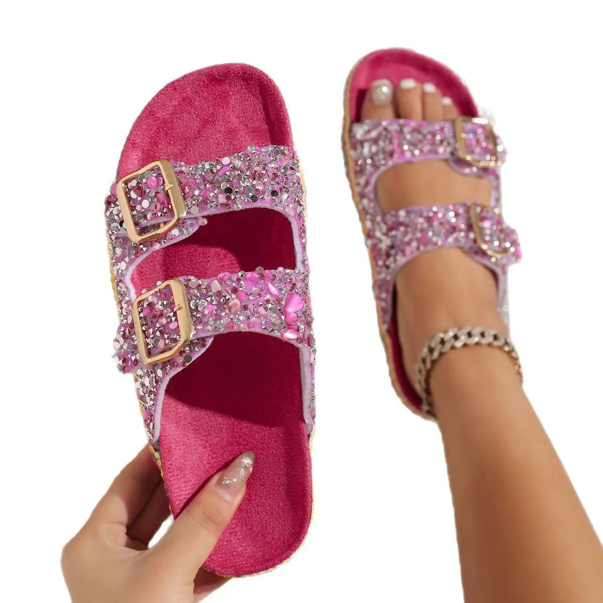 Women's Adjustable Buckle Casual Summer Slides - Rhinestone-Embellished Double-Buckle Sandals, Stylish Footwear for Indoor & Outdoor Wear, Adjustable Buckle Sandals
