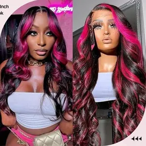 GK Ombre Lace Front Wig Human Hair 13x6 1B/Pink 180% Density Highlight Wig Human Hair HD Body Wave Lace Frontal Pink And Black Colored Glueless Wigs Human Hair