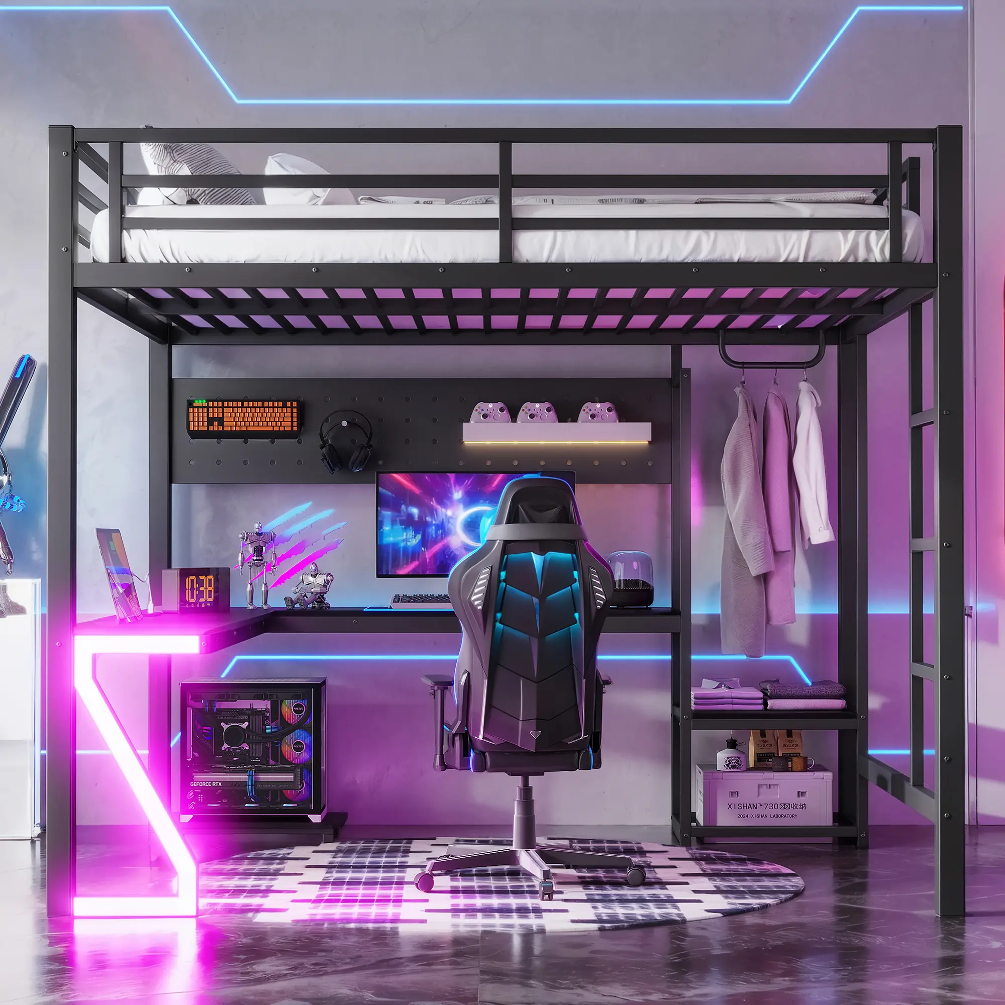 [Bellemave] Full/Queen Loft Bed with L-shaped Desk and USB Ports, Metal Loft Bed with Computer Tray, Peg Board, and Gaming Style Z-shaped Lights, Black  ﻿