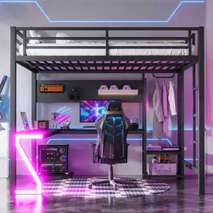 [Bellemave] Full/Queen Loft Bed with L-shaped Desk and USB Ports, Metal Loft Bed with Computer Tray, Peg Board, and Gaming Style Z-shaped Lights, Black  ﻿