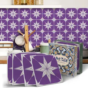 12/24 PCS ART PE Crystal Tile Stickers Gift Box, Deep Purple Starburst Pattern, Waterproof Oil-Proof Peel & Stick Wall Decals for Home Decor