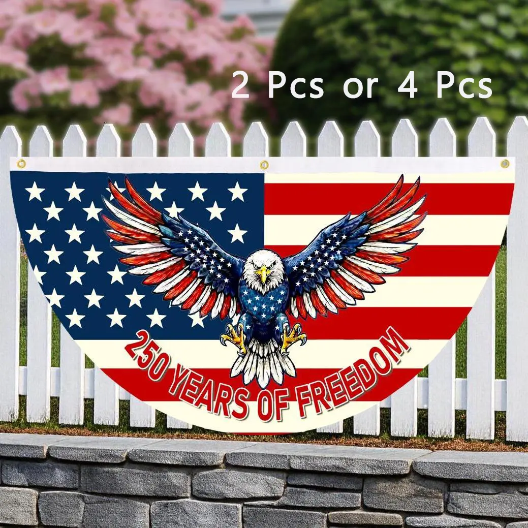 2/4 Pcs America 250th Anniversary Half Fan Flag Bunting Decor, Retro 250 Years of Freedom Eagle Banner, Double-Sided Prinded, High-Density, Free Zip Ties for Easy Hanging, 3x1.5ft (90x45cm) Festive Party Backdrop