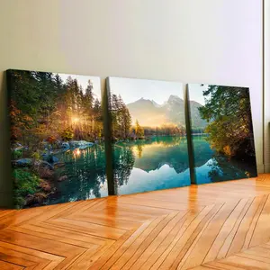 3pcs Wooden Framed Canvas Painting, Autumn Lake & Mountain Reflection, Home Decoration, Wall Art for Living Room, Bedroom, Office, Restaurant, Bar