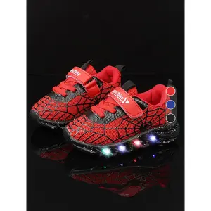 Boy's Fashionable Spider Web Design Sneakers, Casual Comfortable Breathable Sports Running Shoes, LED Light Up Shoes for Daily Wear, Spiderman Shoes