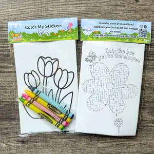 Spring Sticker Kits - Color Your Own 6 Adorable Stickers & 4 Crayons for Kids, Birthday Party Favors, Classroom Gifts, Kids Crafts, Art Activity Kits for Kids
