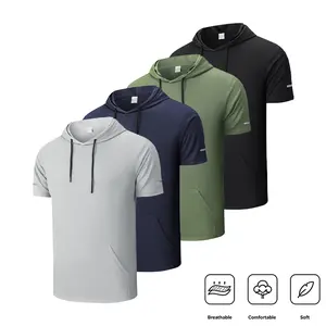 Men's Plain Round Neck Workout Short Sleeve Mesh Athletic T-Shirts with Hoods Spring Sportswear Compression Quick Drying T-shirt Back To School Tops 100% Polyester Four-Way Stretch Reflective Stripes