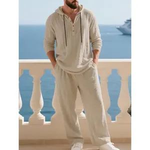 Men's High-Quality Linen Hooded Two-Piece Set, Casual Beach Vacation Style, Loose Fit Breathable Fabric, Long Sleeve Blouse & Wide Leg Pants