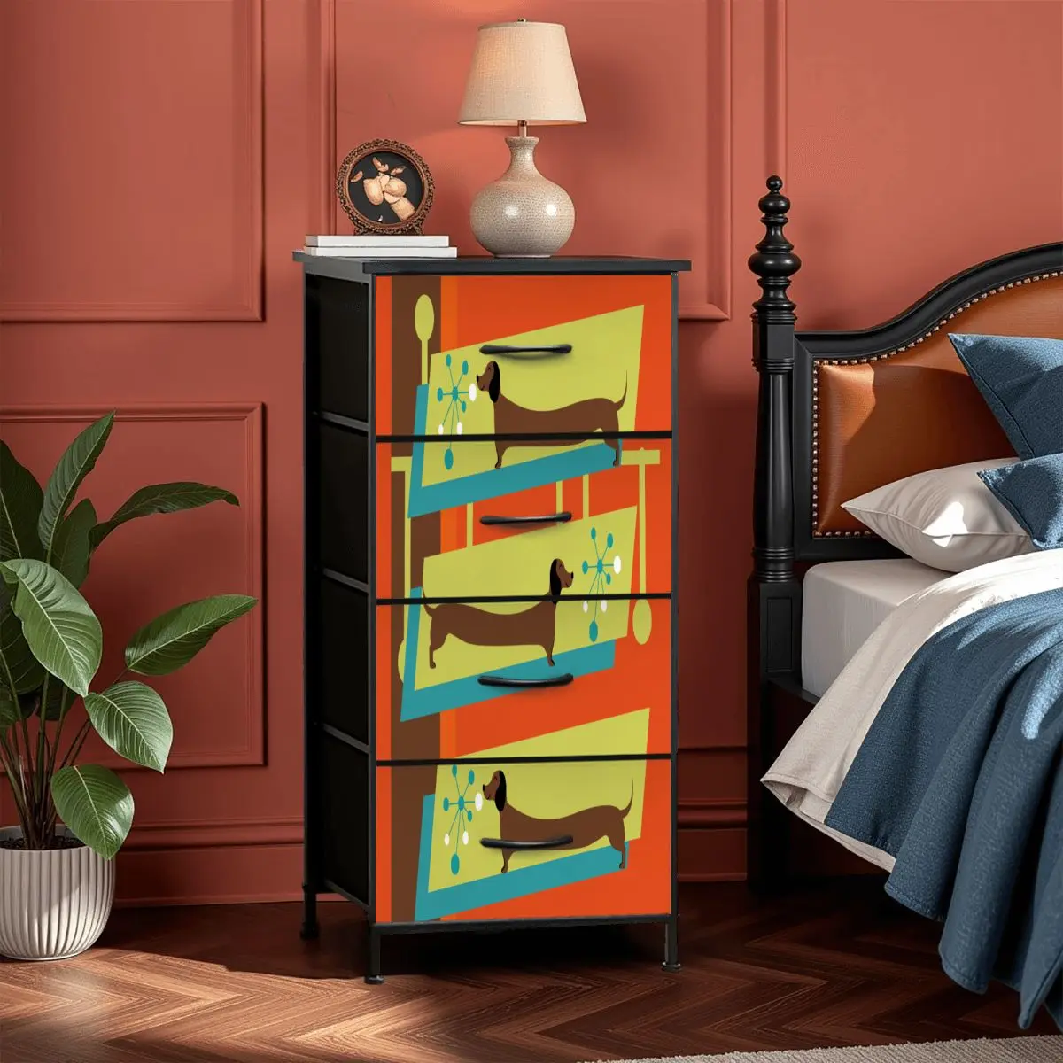 Mid Century Modern Doxie Weiner Dog Lover Retro Orange 4-Drawer Dresser