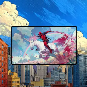 Red Mercenary Unicorn Rider Playmat, Rainbow Action TCG Desk Mat Token Anime Desk Mat Playmate