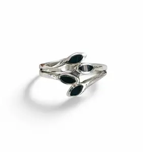 Emma Vera Jewelry Onyx Black Stone Leaf Ring Sterling 925 Silver 4 Stones 2.6mm Band Width Oval-Genuine Onyx Stones 10.9mm Face Height Length