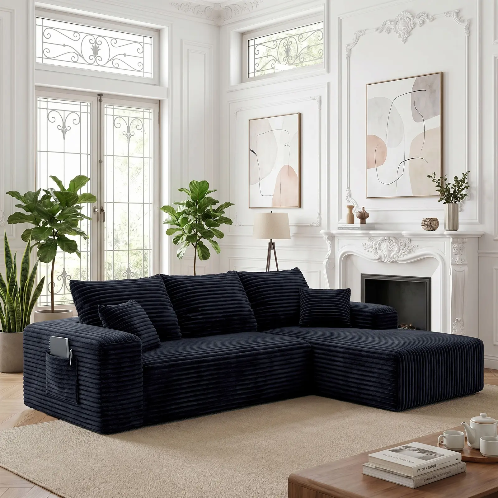 【Summer Wins】Oneroom 2 Packages 103" Modular L-Shape Sectional black Sofa, Ergonomic Deep Seat Cloud Boneless Couch, Plush Corduroy Pure Sponge Compression No Assembly Comfy Sofa with 2 Throw Pillows for Small Living Room Apartment Dorm,couches