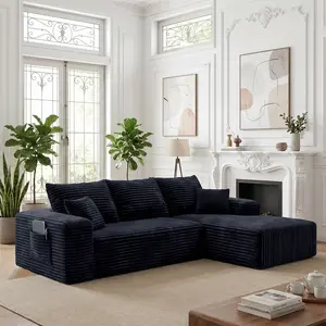 【Father's Day Gift】Oneroom 2 Packages 103" Modular L-Shape Sectional black Sofa, Ergonomic Deep Seat Cloud Boneless Couch, Plush Corduroy Pure Sponge Compression No Assembly Comfy Sofa with 2 Throw Pillows for Small Living Room Apartment Dorm,couches