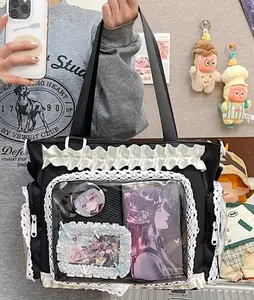Sweet Ruffle Lace Trim Ita Bag Tote | Clear Transparent Window Anime Pin & Photo Display Shoulder Bag, Large Capacity Harajuku Kawaii Casual Handbag for Outdoor Daily & Anime Fans Collection