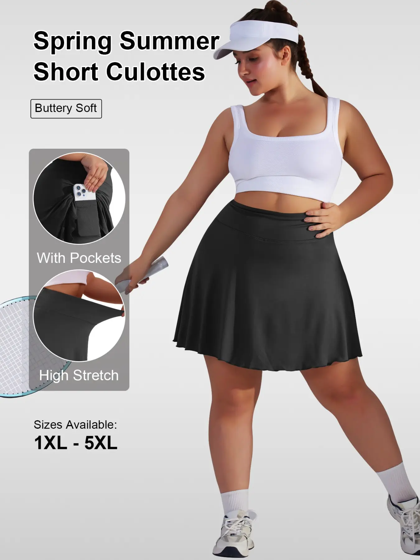 Women's Plus Size Solid Color Short Skirt, Inner Lining, Pockets, Sporty Casual Style, High Waist, High Elasticity, Soft Comfortable Daily Wear, Casual Comfy Skorts, Stretchy Skorts, High Waisted Skort