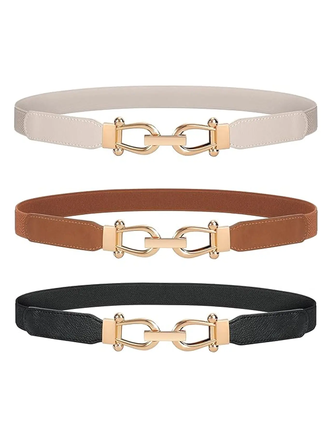 3-Pack Women's Stretchy Skinny Waist Belts, Retro Elastic Everyday Fashion Belts with Textured Straps and Gold Buckles