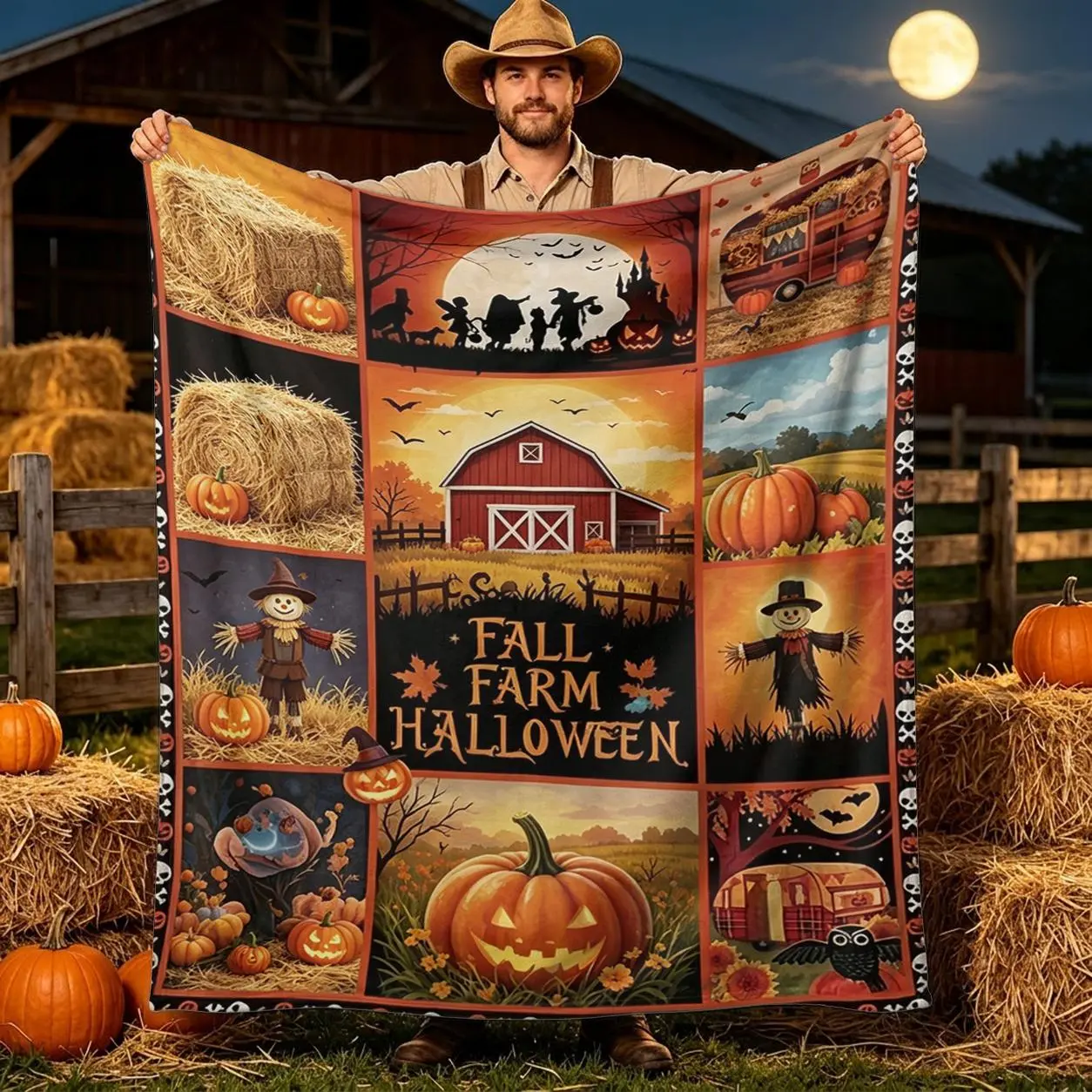 Fall Farm Halloween Flannel Throw Blanket - Vintage Red Barn, Scarecrow, Pumpkin, Hay Bales Pattern Flannel Fabric, Rustic Charm Fall Decor for Home, Indoor Use Home Relaxation, Soft Warm Cozy Fleece, Dorm Gift for Women Teens, Super Soft