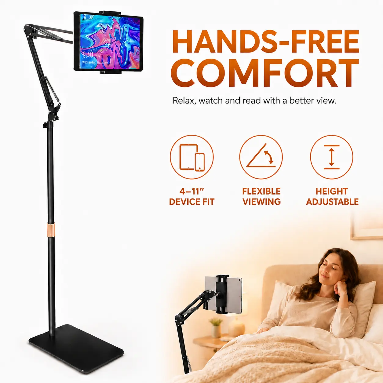 Tablet Floor Stand with Heavy Base, Adjustable Height Hands-Free iPad Holder with 360° Rotating Arm for Bed, Sofa and Desk, Fits 4.7–11 Inch Devices