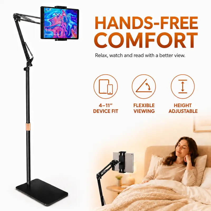 Tablet Floor Stand for Bed & Sofa, Heavy Base Hands-Free iPad Holder with Adjustable Height, Extendable Arm & 360° Rotating Holder, Fits 4.7–11" Tablets and Phones