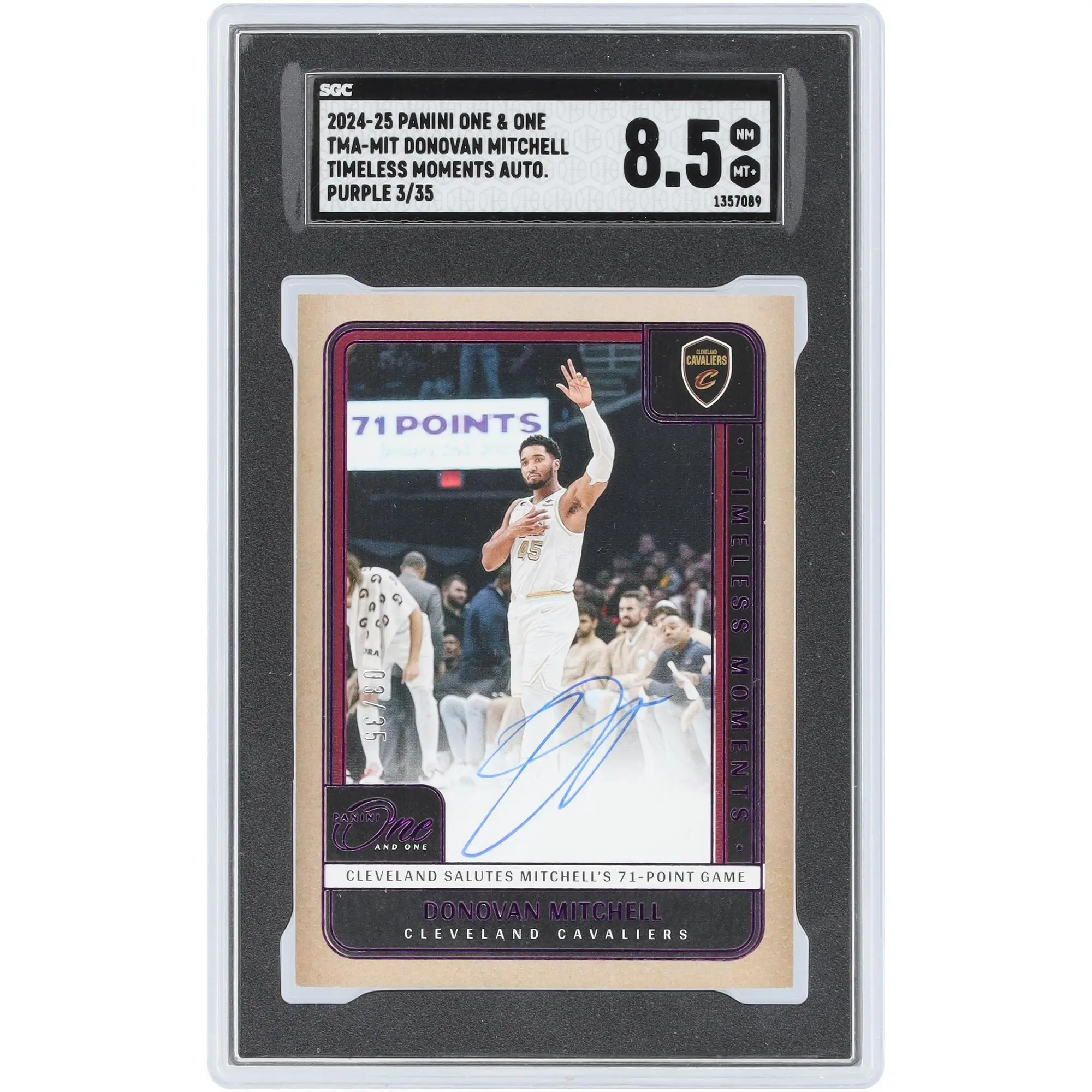 Donovan Mitchell Cleveland Cavaliers Autographed 2024-25 Panini One & One Cleveland Salutes Mitchell's 71 Point Game Purple #TMA-MIT #3/35 SGC Authenticated 8.5 Card - Fanatics Authentic Certified