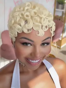 Short Blonde Color Daily Party Cosplay Wig, Machine Made Curly Pixie Wig, 150% Density Human Hair Wigs for Women, Perfect for Any Occasion