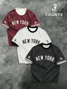 Men's Striped Short Sleeve T-Shirt, American Vintage Classic Baseball Style, Letter Print, Loose Fit, Breathable, Fashionable Streetwear, Menswear