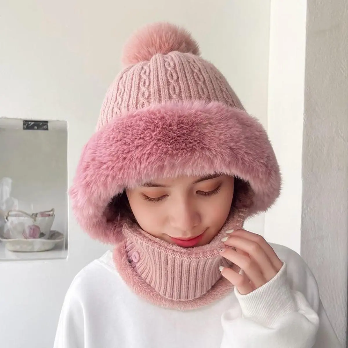 Windproof Cap Beanie Hat Women Balaclava Visor One-Piece Skull Neck Circle Scarf Ski Snow Winter Knit Fleece Cap Cold Weather Warm Hat Snowboard Hat