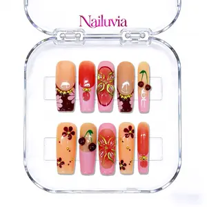 (D112) Nailuvia Medium Square Press-On Nails, Cherry & Floral French Tip with Gold Accent, Handmade Reusable Fake Nails, 10 Pcs/Set