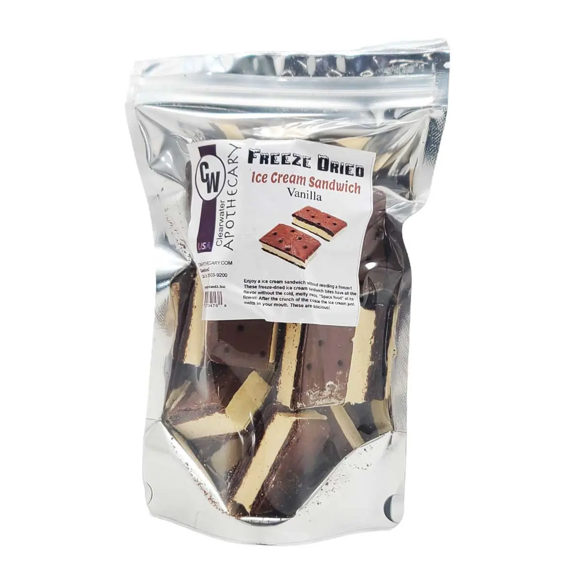 CW Apothecary Freeze-Dried Ice Cream Sandwich - Vanilla Sweet Crunch Dessert Snack, 3.3oz, Packaged in a 5x8x3in Refillable Pouch