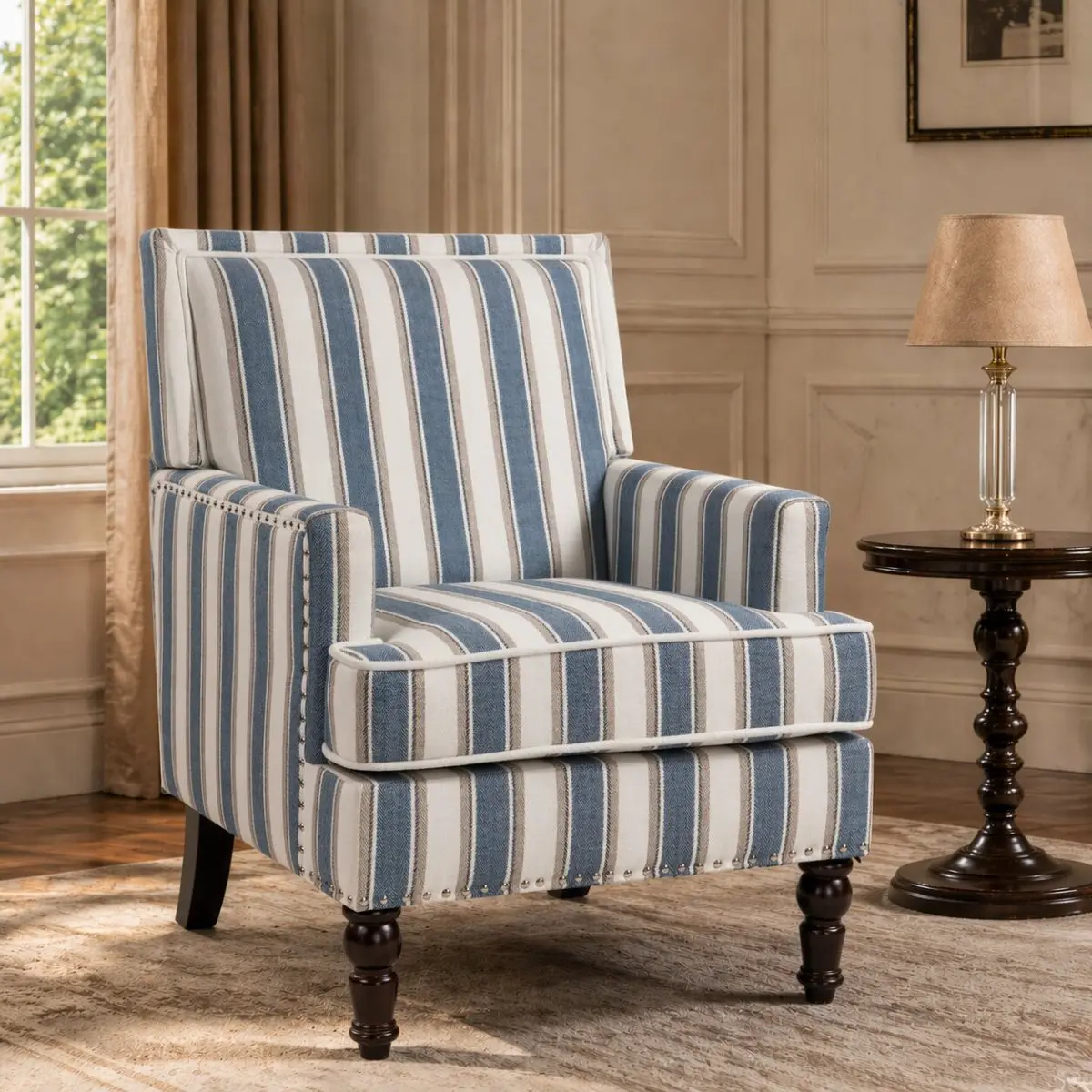 Aobtkel Upholstered Lounge Accent Chair - Compact Striped Blue & White Linen Full-Arm Chair with Nailhead Trim, High-Density Foam, Solid Wood Base, Hassle-Free Setup for Relaxation, Sit-Down Living Room Furniture