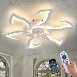 32-Inch White Low Profile Flush Mount Modern Fandelier Ceiling Fan with Light, Remote, 6 Different Speeds & Synthetic Components for Bedroom, Dining Room