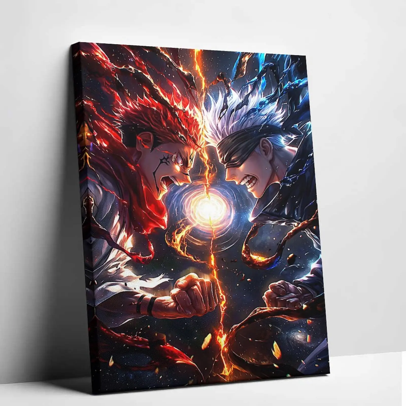 Epic Anime Warriors Battle Poster, Fire vs Ice Energy Wall Art, Dark Fantasy Home Decor Print for Room Accent