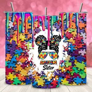 Autism Sister Tumbler with Colorful Puzzle Design and Rainbow Drip Effect